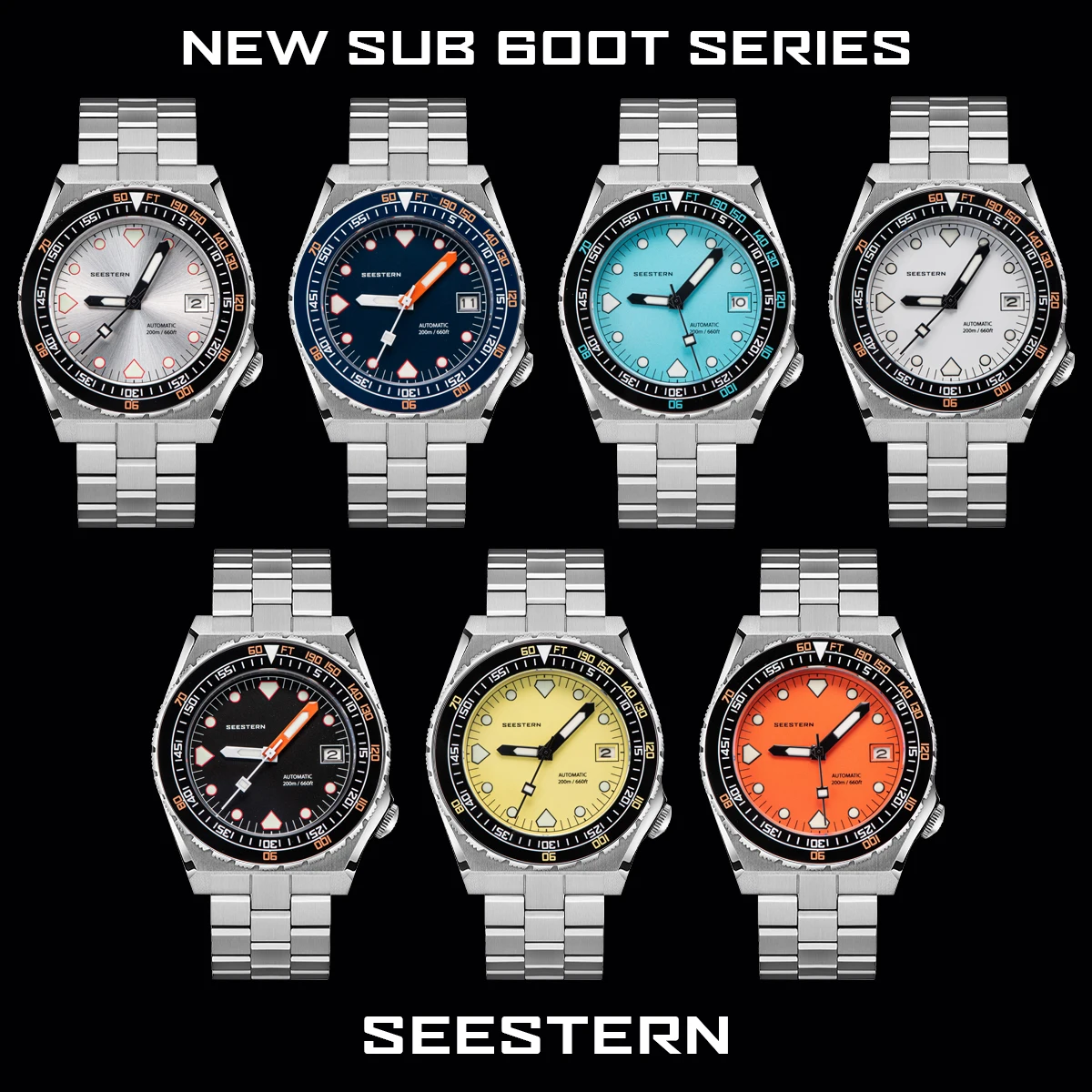 SEESTERN Watch  SUB600T Diving Men Automatic Mechanical  NH35 Wristwatches Sapphire Luminous Date 200m Waterproof Bracelet Retro