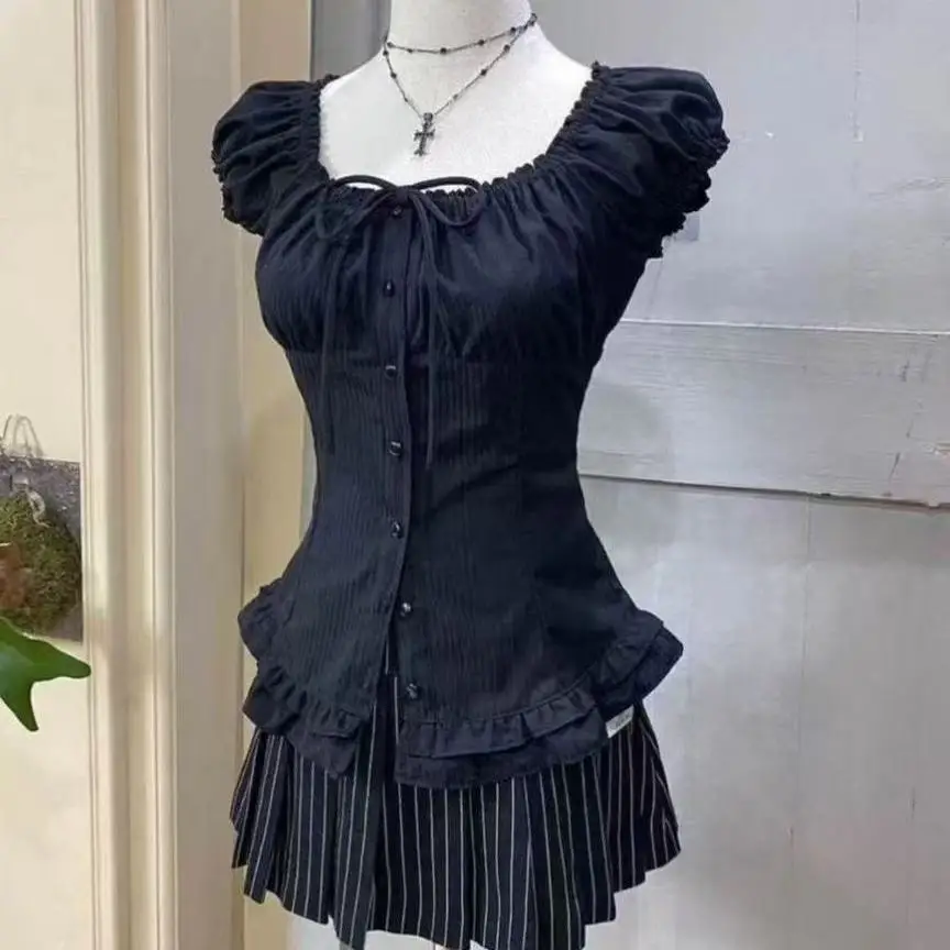 Harajuku Sweet Lolita T-Shirt Women Y2K Fairy Grunge Short Sleeve Tops Ruffle Spliced Aesthetic Blouse