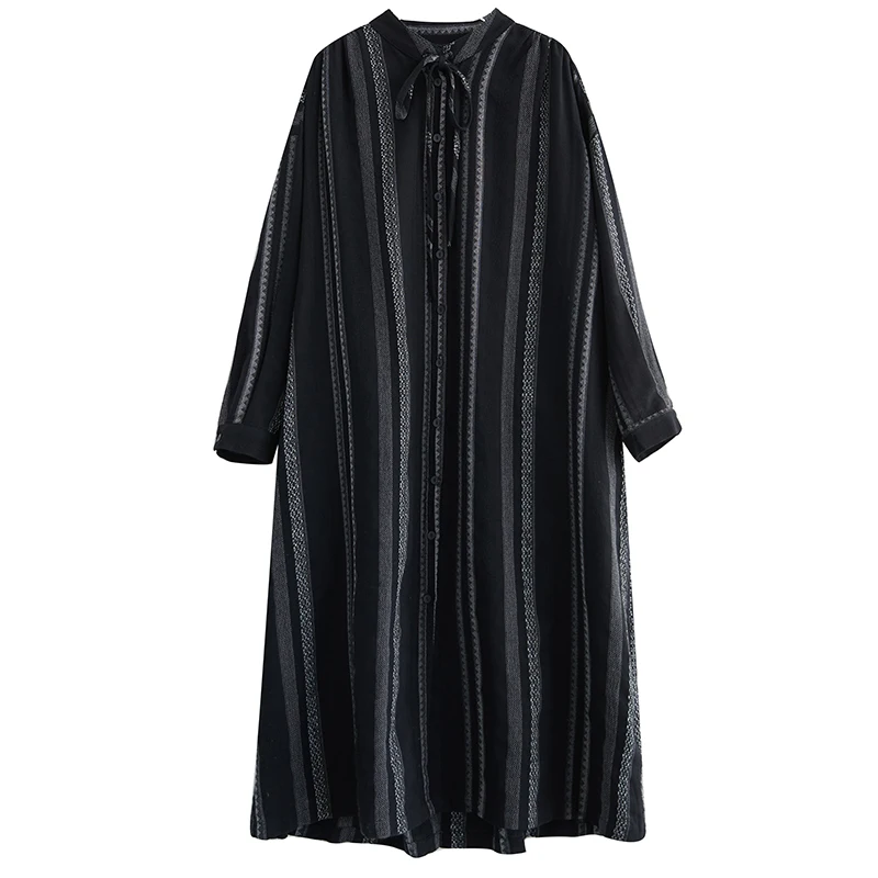 Vestido Csa Primavera 2025 Plus Size Aodão Linho Solto com Cinto Modelador Saia trada Estilo Vintage Manga Longa