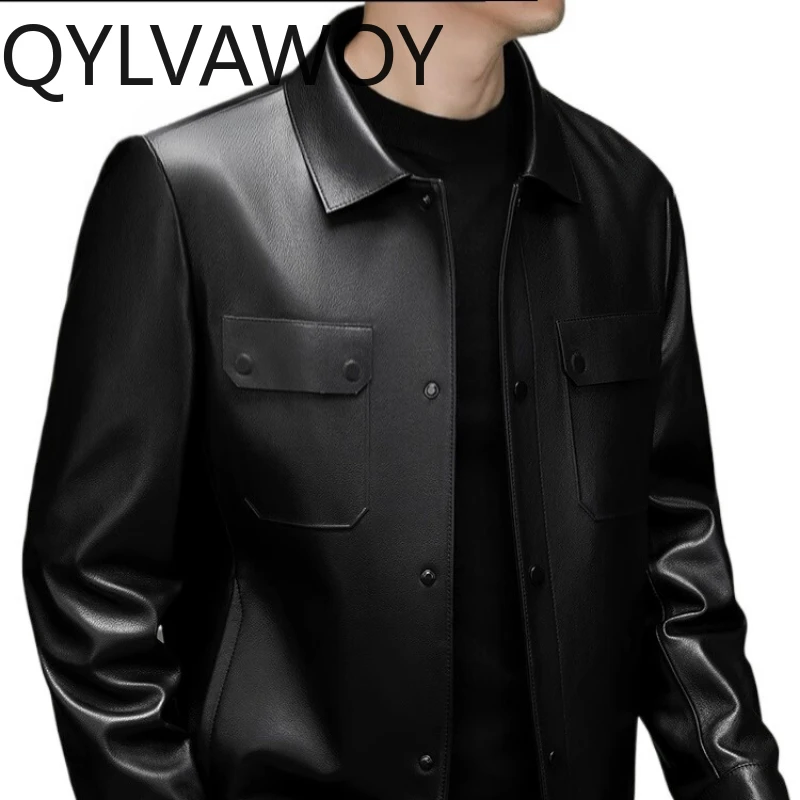 

QYLVAWOY 2200, осенне-зимняя мужская кожаная куртка из натуральной овчины, стильная однотонная кожаная верхняя одежда для взрослых, теплое повседневное пальто LJ2672