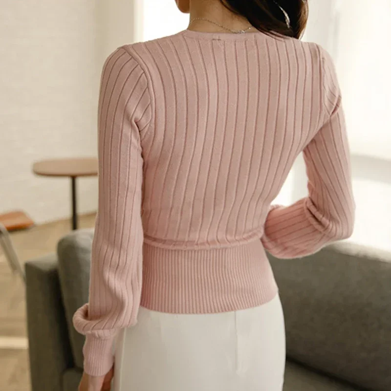 Suéter cruzado de manga larga con cuello en V para mujer, suéter de punto con cordones, Top negro, elegante, rosa, primavera y otoño