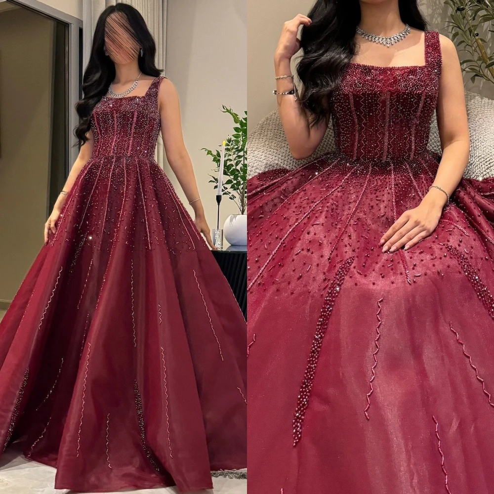 

Customized Luxury Satin Square Collar Evening Dress Formal Sleeveless Cocktail Dress Sparkly Beading Special Occasion Gowns