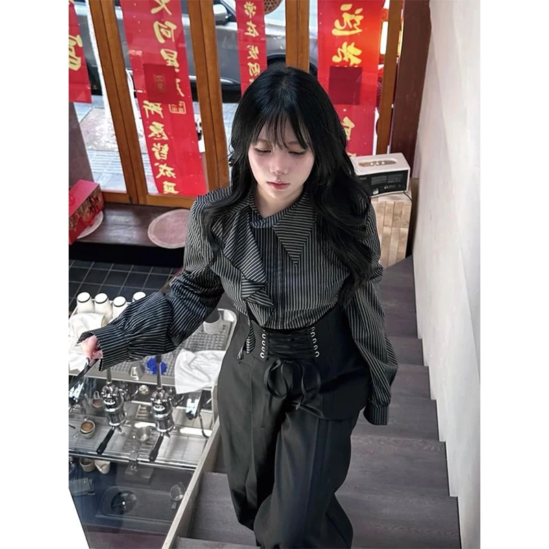 Japanese Vintage Striped Shirts Women Harajuku Gothic Ruffles Patchwork Blouses Ladies Elegant Korean Long Sleeve Design Tops
