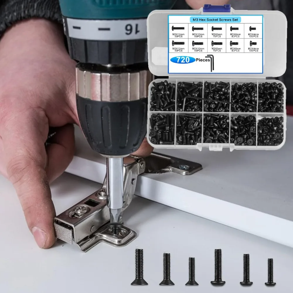 

720 шт. винтов с шестигранной головкой и потайным шлицем M3, цилиндрические винты, винты с полукруглой головкой, винты с шестигранной головкой и плоской головкой, машинные винты