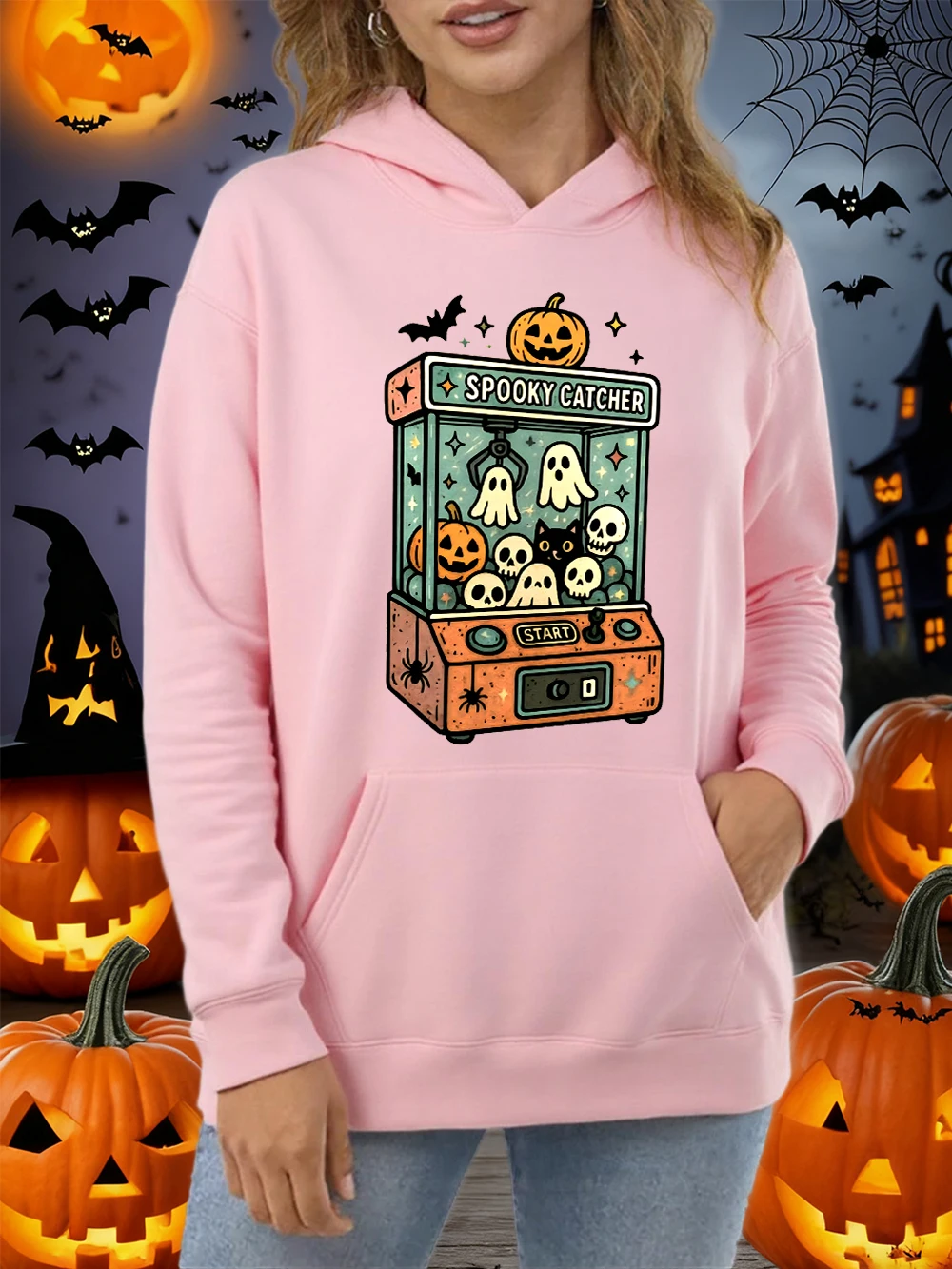 

Halloween Themed Doll Machine Design Hoodie Women Autumn Loose Hoody Pocket Cotton Y2K Woman Clothes Casual All-Match Streetwear