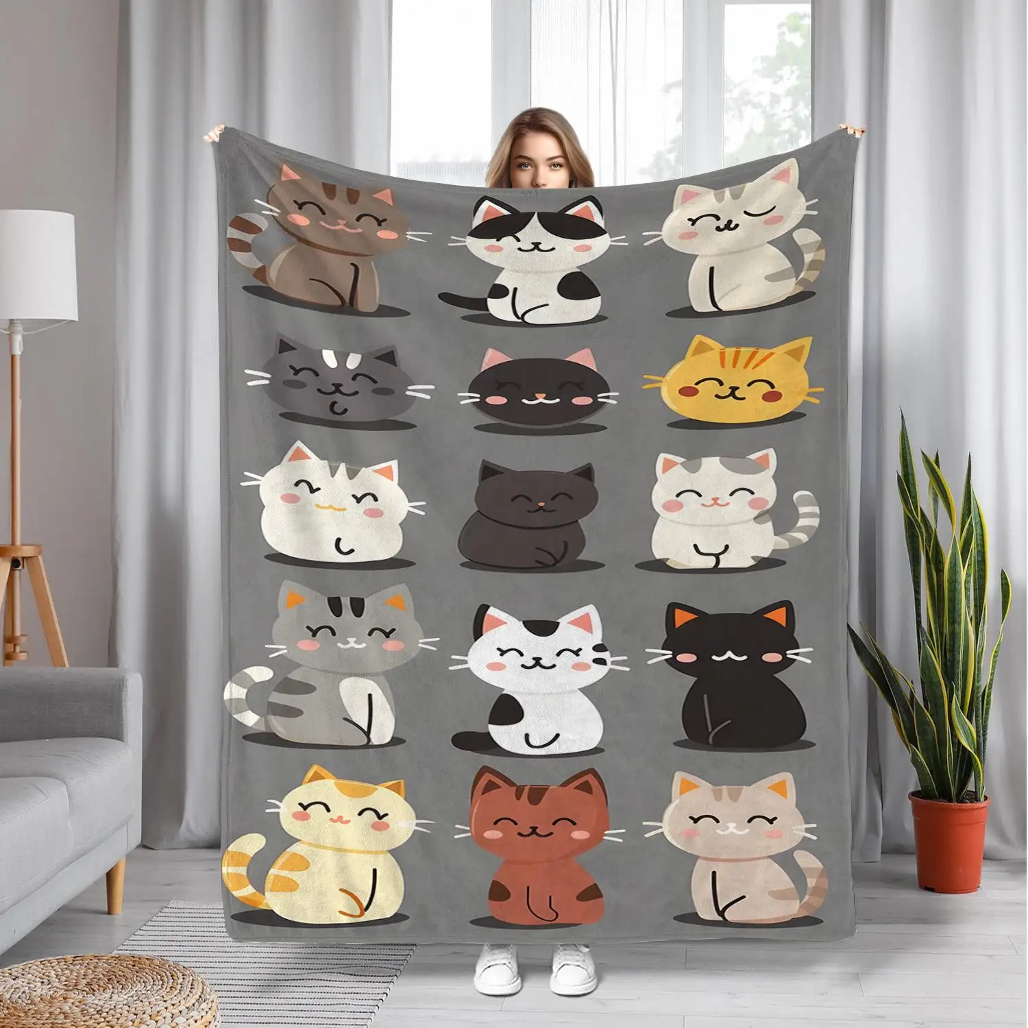 Cartoon Cat Print Flannel Blanket - Cozy Light Beige-Friendly Throw with 9 Adorable Cat Breeds