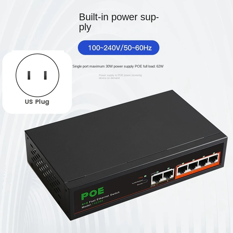 1Set 6 Ports POE Switch Network Home Network Hub Adapter Series Power Connect 4-Poe+2 UP-Link Fast Ethernet Plastic US Plug