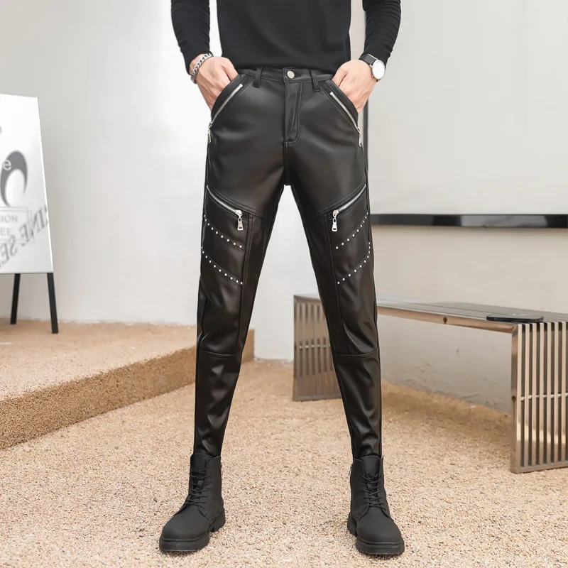 Pantalon de moto en cuir PU pour hommes, pantalon noir à la mode, conception de fermeture à glissière Rivet, style punk, automne