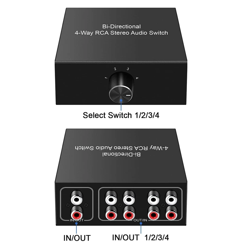 4-Way Stereo L Sound Channel Bi-Directional Switcher 1 in 4 Out or 4 in 1 Out Professional Rotary