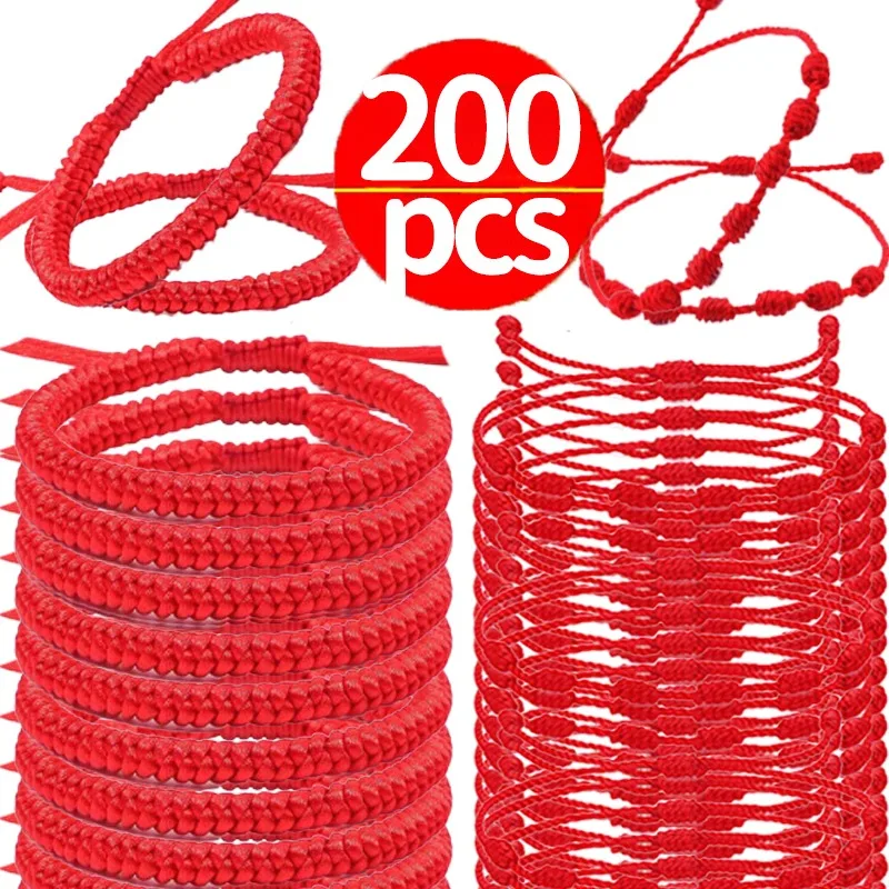 2/200Pcs 7 Knots Red String Couple Bracelet Women Men Lucky Amulet Handmade Rope Friendship Wristband Jewelry Gifts Accessory