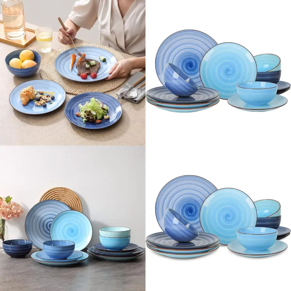

12-Piece Plate and Bowl Set, Handpainted Swirl Design, Scratch-Resistant, Dishwasher and Microwave Safe, Gradient Blue