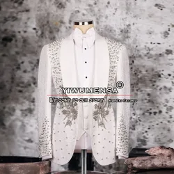 Ivory Wedding Suits For Men Luxury Crystals Beading Jacket Vest Pants 3 Pieces Groom Tuxedos Floral Prom Blazers Man Clothing