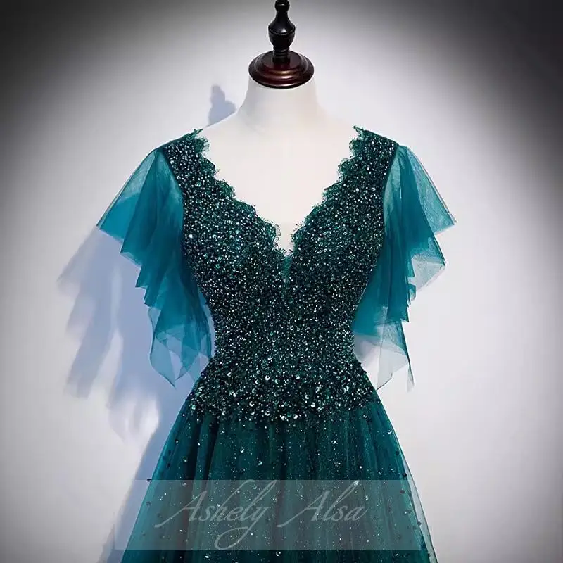 AA173 Customized Real Picture Hunter Green Evening Formal Dress Short Sleeve Sequined Women Formal Special Occasion Party Dress