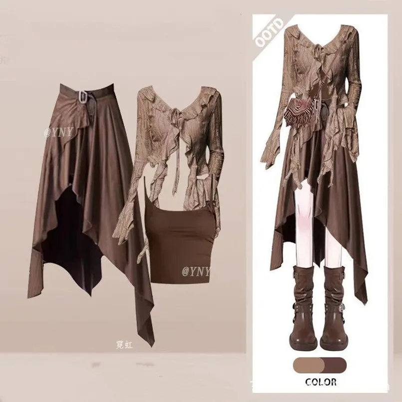 Spring and Autumn Retro Fashion Korean Edition Three Piece Set with Strap Long Sleeve Cardigan Tank Top Half Skirt Set