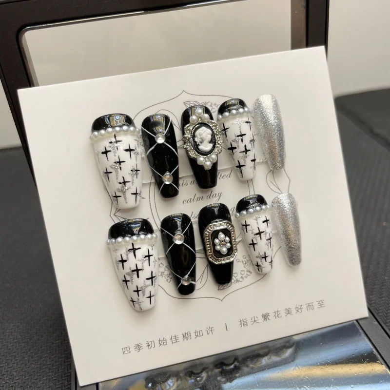 

10 pcs Luxury Handmade Press on Nails Middle Trapezoid Dark Cross Design False Nails with 4-PIECE Tool Adhesive Nail Glue Tabs