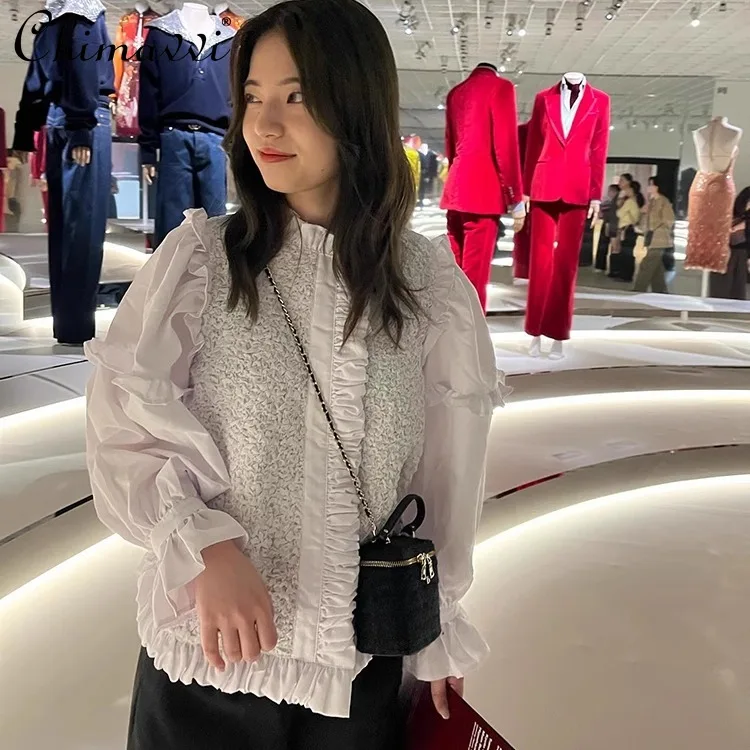 Spring Japanese New Sweet Girls Pleated Lace Long-sleeved Shirt Female Ruffled Elegant White Blouse Shirts Casual Blusas
