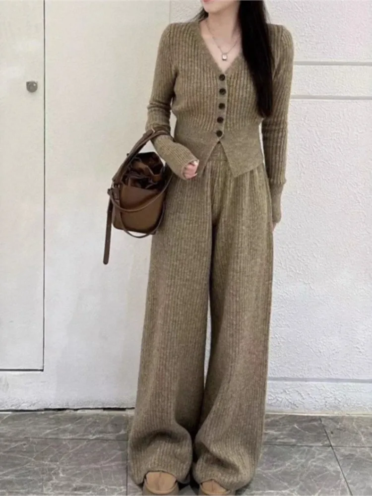 

All-match Sweater Suit For Women Two-piece V-neck Cardigan To Look Slim And High-waisted Sweater Wide-leg Pants Trendy Commuting