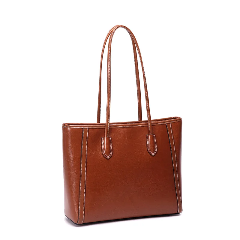 

New Style Large Capacity Commuter Tote Bag for Women, Genuine Leather Handbag and Shoulder Bag Made of Oil - Waxed Cowhide