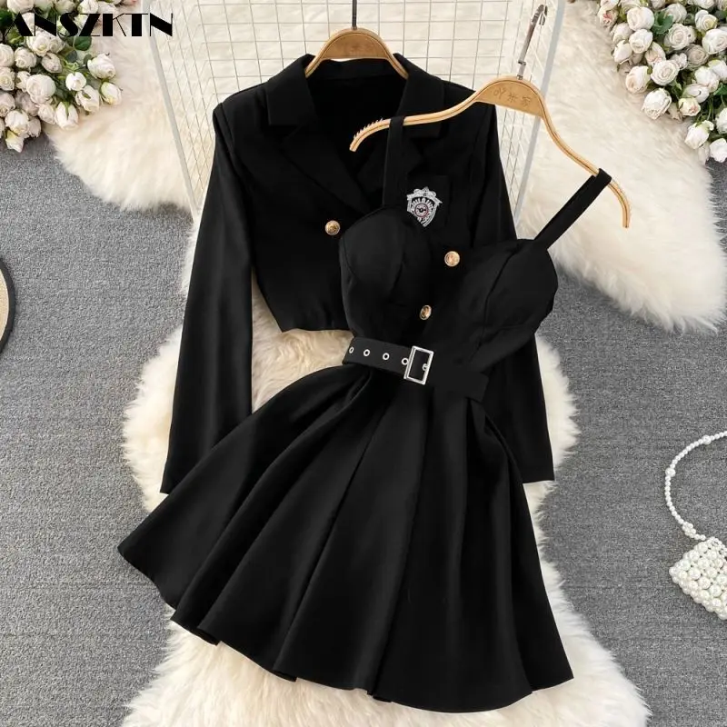 ANSZKTN Spring and autumn new women retro suit short jacket two sets with chest and halter skirt