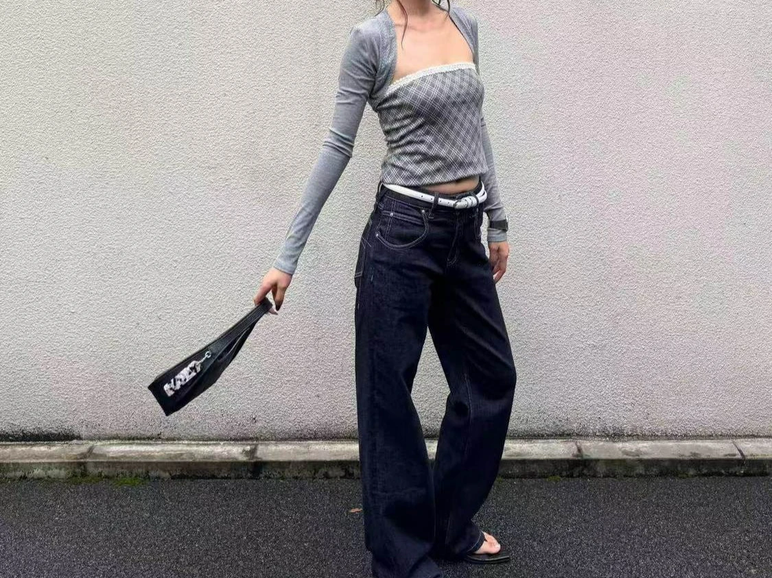 

Plaid Top Slim-fitting Long-sleeved Vest Two-piece Set Summer New Versatile Short Top