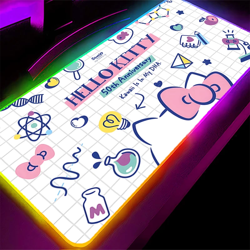 Коврик для мыши с RGB-подсветкой Hello Kitty Gamer, большой край, белый светодиодный коврик для компьютерной мыши, ковер, игровые аксессуары, коврик для клавиатуры, стола