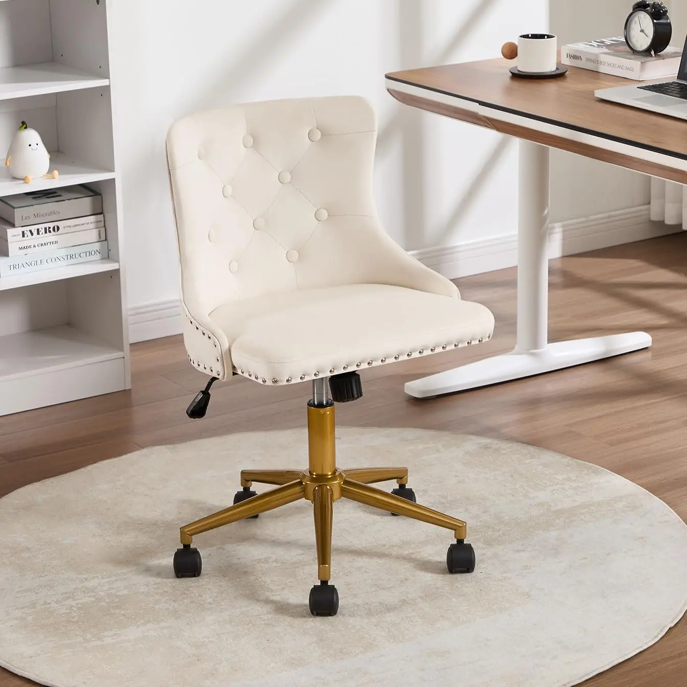 Beige Velvet Armless Office Chair, Comfy High-Back Vanity Chair with Rivet