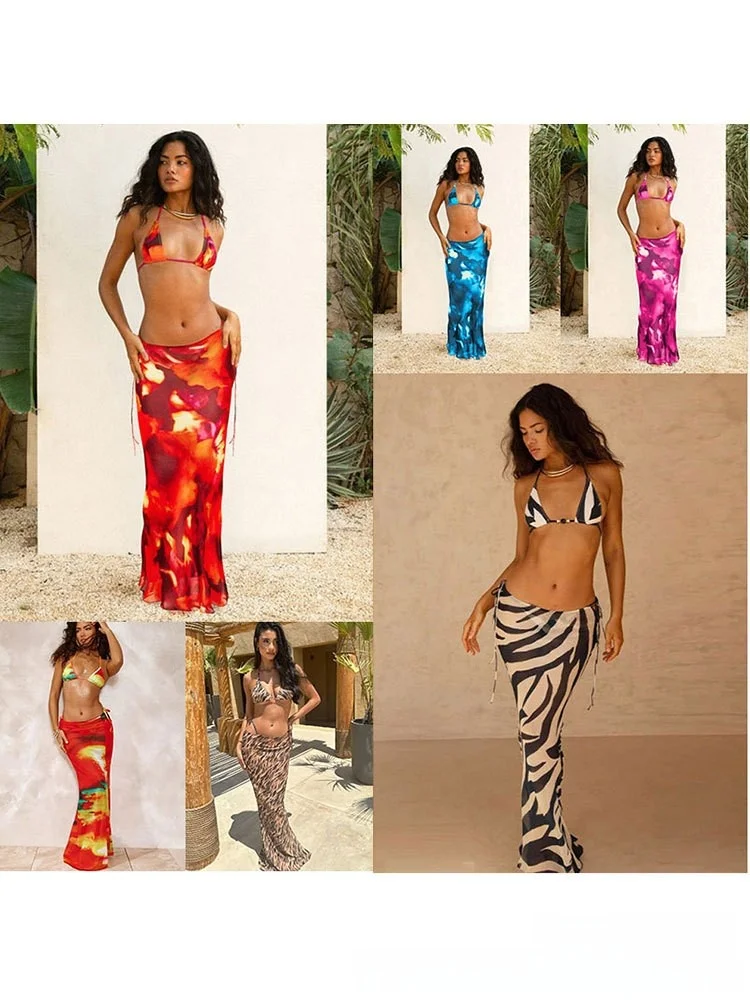 

Сексуальный комплект из бикини с принтом и полуюбкой на бретелях, повседневный комплект с облегающим поясом, из полиэстеровой ткани, идеально подходит для плавания и фитнеса.