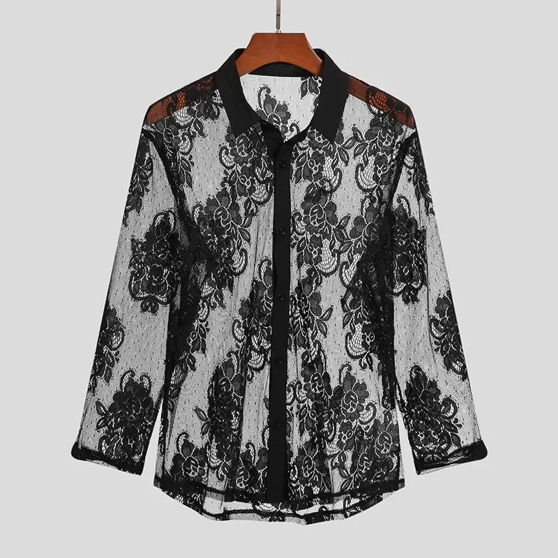 Fashion New Sprg and Autumn Men's Breathable Lace Long Sleeve Mesh Shirt Transparent Party Sexy Mesh Trendy Shirt camisas