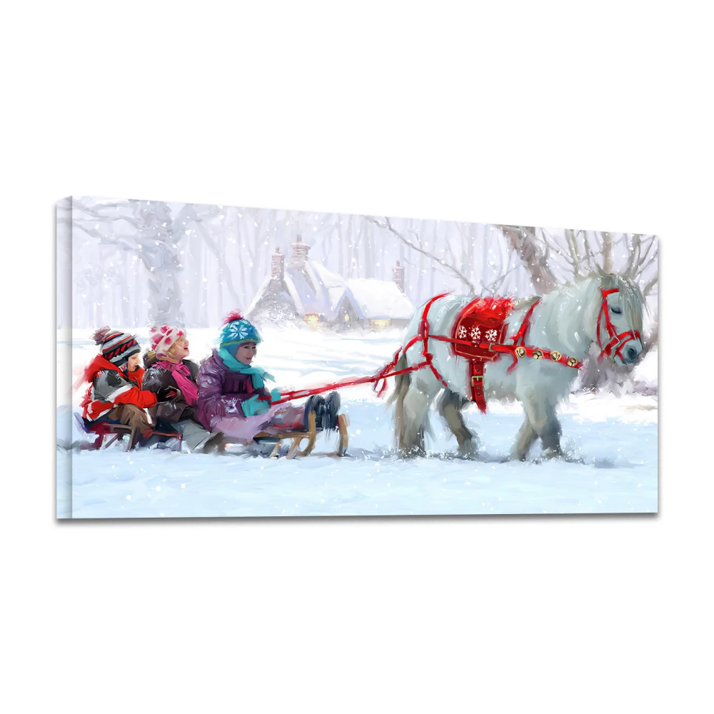 Framed Canvas Wall Art Decor Painting For Chrismas,  Kids on White Horse Sledge Painting For Chrismas Gift