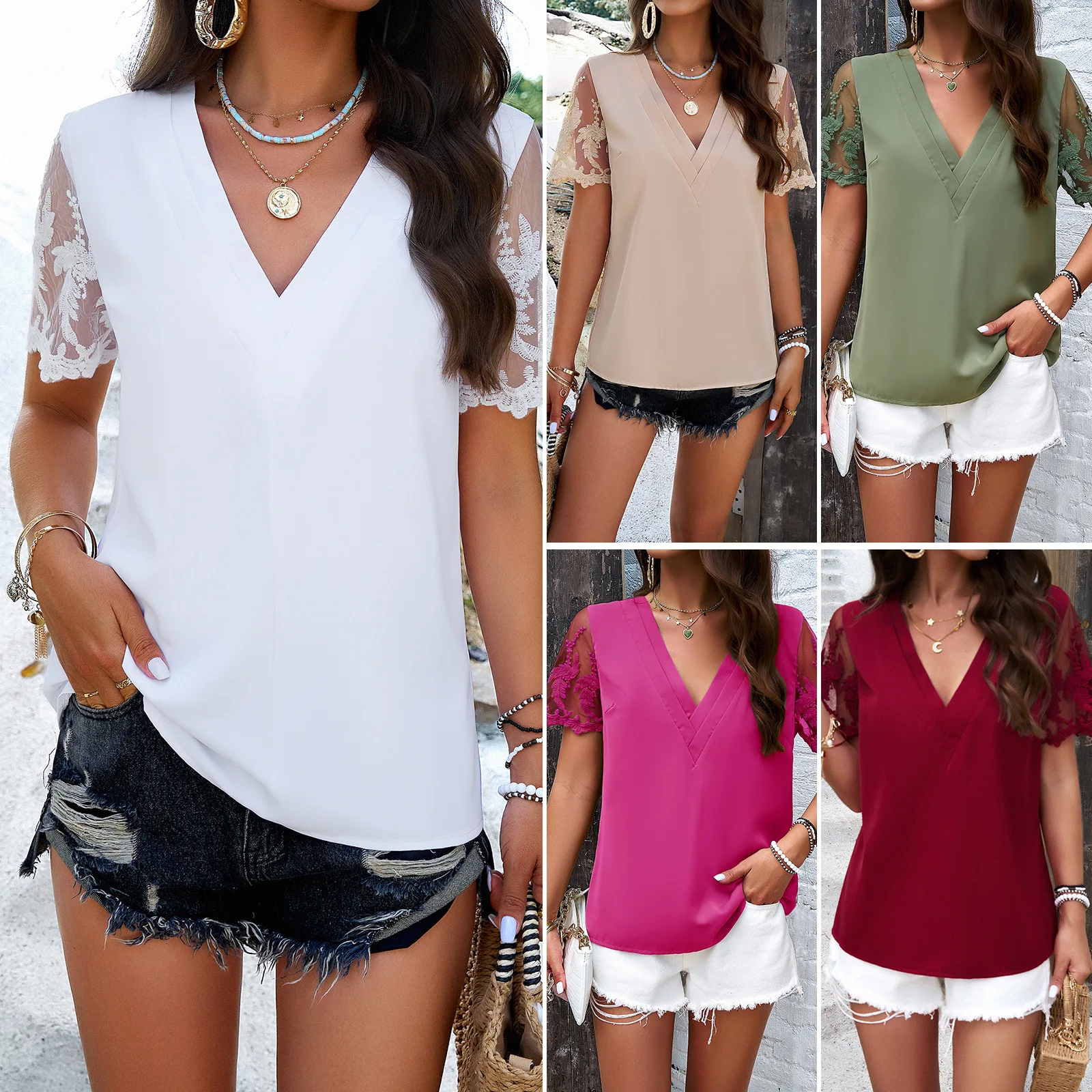 

Women's Clothing Independent Station Spring and Summer Foreign Trade Temperament Solid Color V-Neck Jacquard Short Sleeve Top