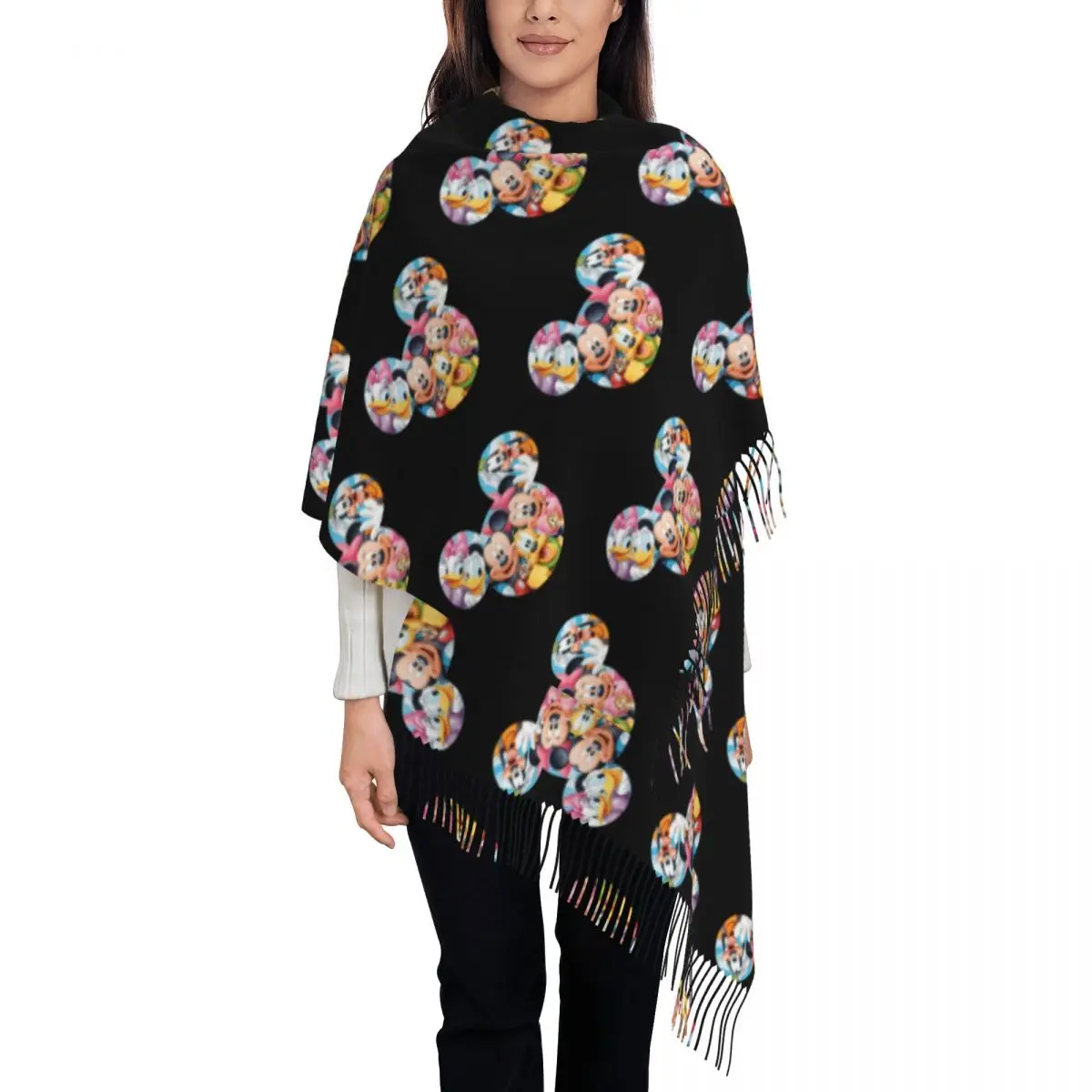 

Женский шарф с кисточками и Микки Маусом на заказ, зима-осень, теплая шаль, женские шарфы