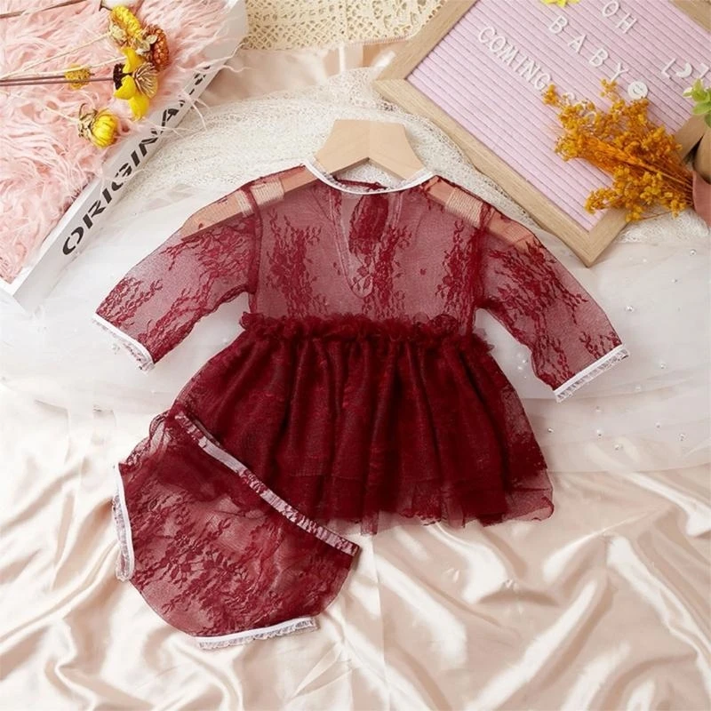 E7CE Baby Photo Costume Lace Dress & Panties Newborns Photo Props Outfit Photoshooting Lace Romper Infant Monthly Shower Gift