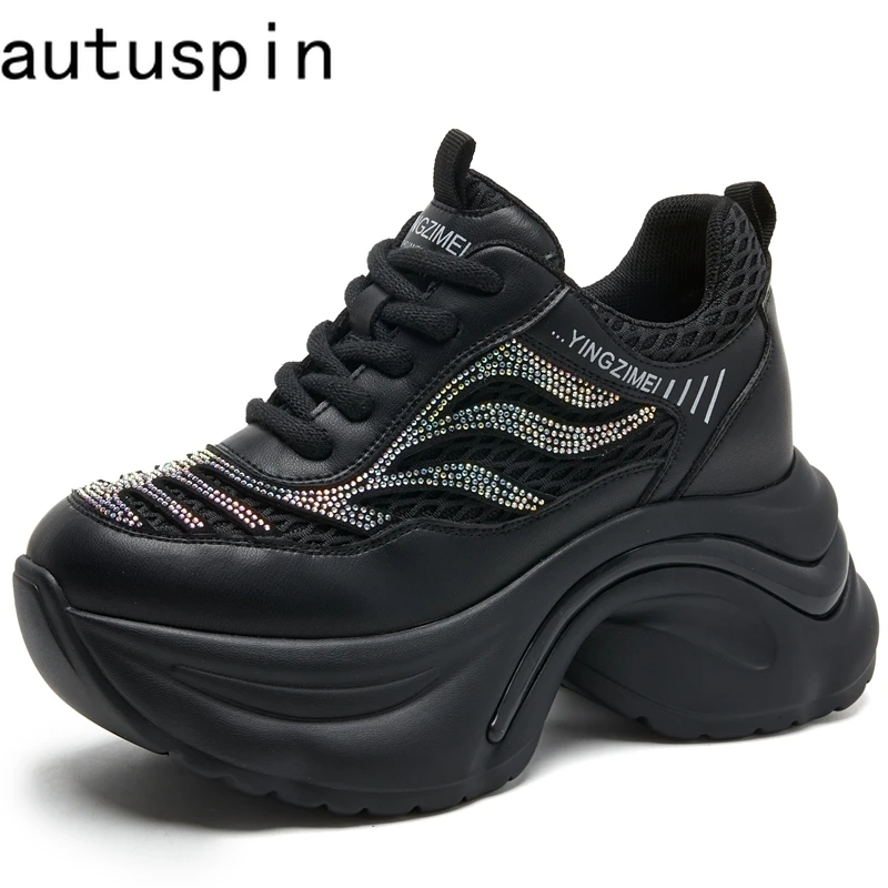 

Autuspin 8cm Platform Mesh Women Crystal Shoes Summer Autumn Breathable Genuine Leather Sneaker Female Outdoor Leisure Shoes