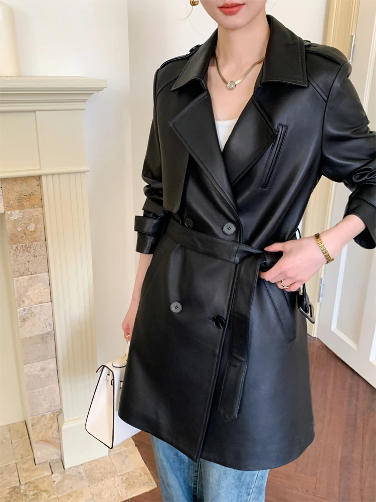 

Mid-length Black Genuine Leather Jackets for Women Autumn Winter High-end Simple Soft Slim Real Sheepskin Trench Coat with Belt