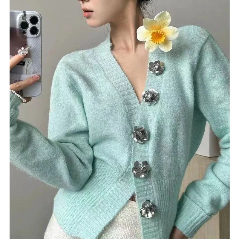 Women Clothing Spring Autumn Trendy Vintage Sweet Chic Cardigan Y2K Solid V Neck Long Sleeve Slim Fairy Kintted Sweater Buttons