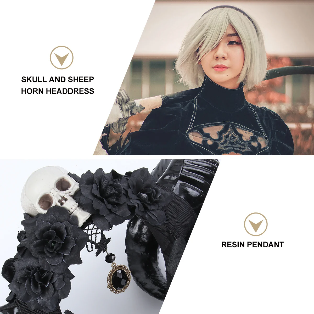 

1Pcs Skull Hair Horn Pattern Headpiece Black Handmade Gothic Hairband Festival Prop Decorative Lace Resin Pendant Party