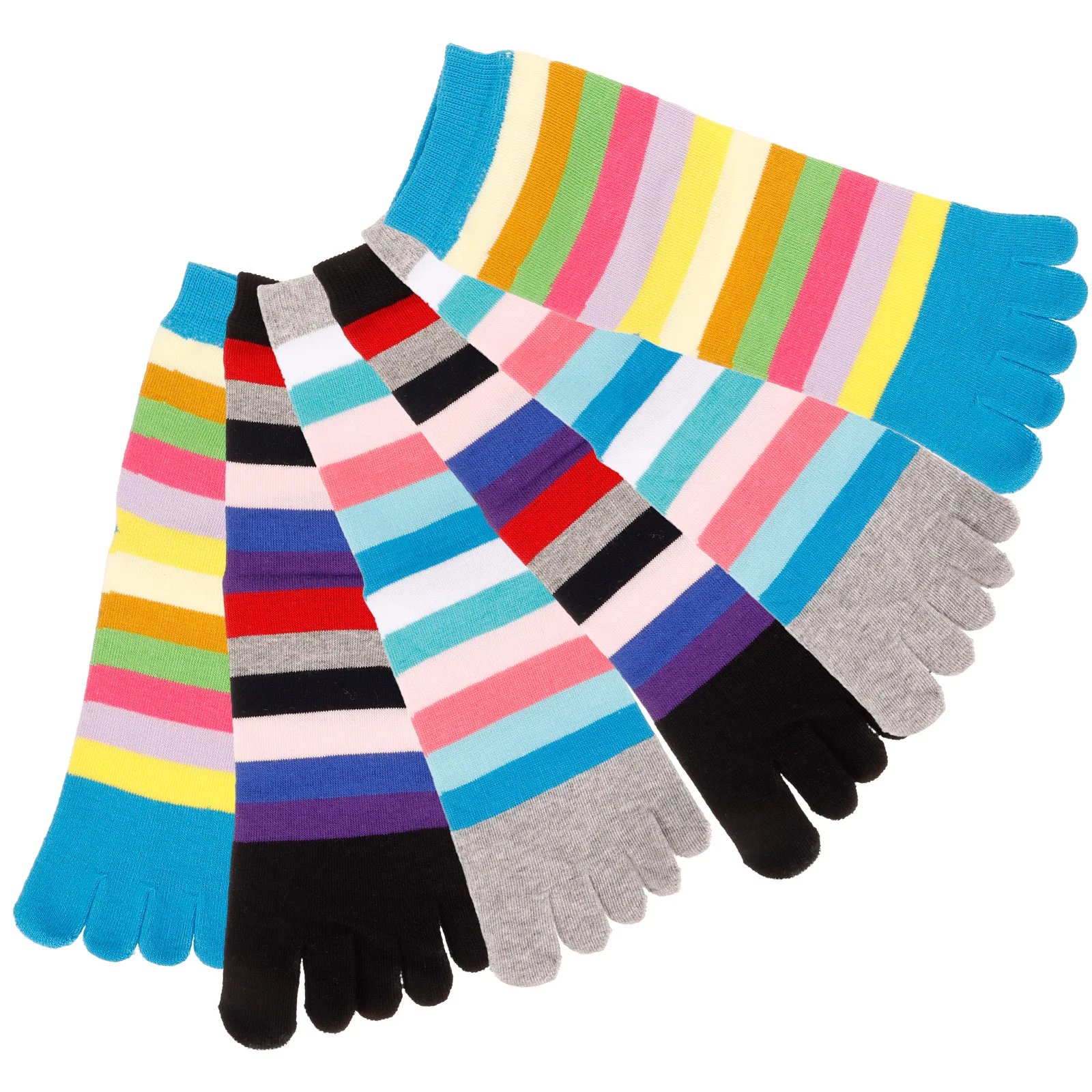 

3 Pairs Rainbow Stripe Combed Cotton Toe for Women Black Grey Blue Mid Calf Length Cute Socks Five Finger Socks