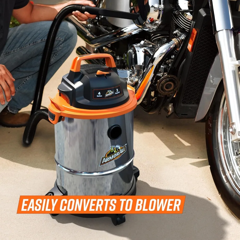 Aspiradora en seco y húmedo de 4 galones con motor de 3 HP, depósito de acero inoxidable, función de soplador y 10 accesorios