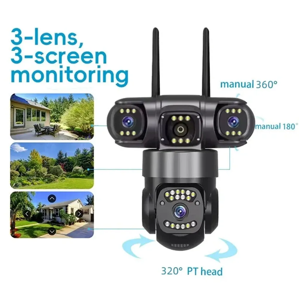 12MP 6K Triple Lenses WiFi IP Camera Outdoor Triple Screens Weatherproof Night Vision Home Security CCTV Surveillance Cam