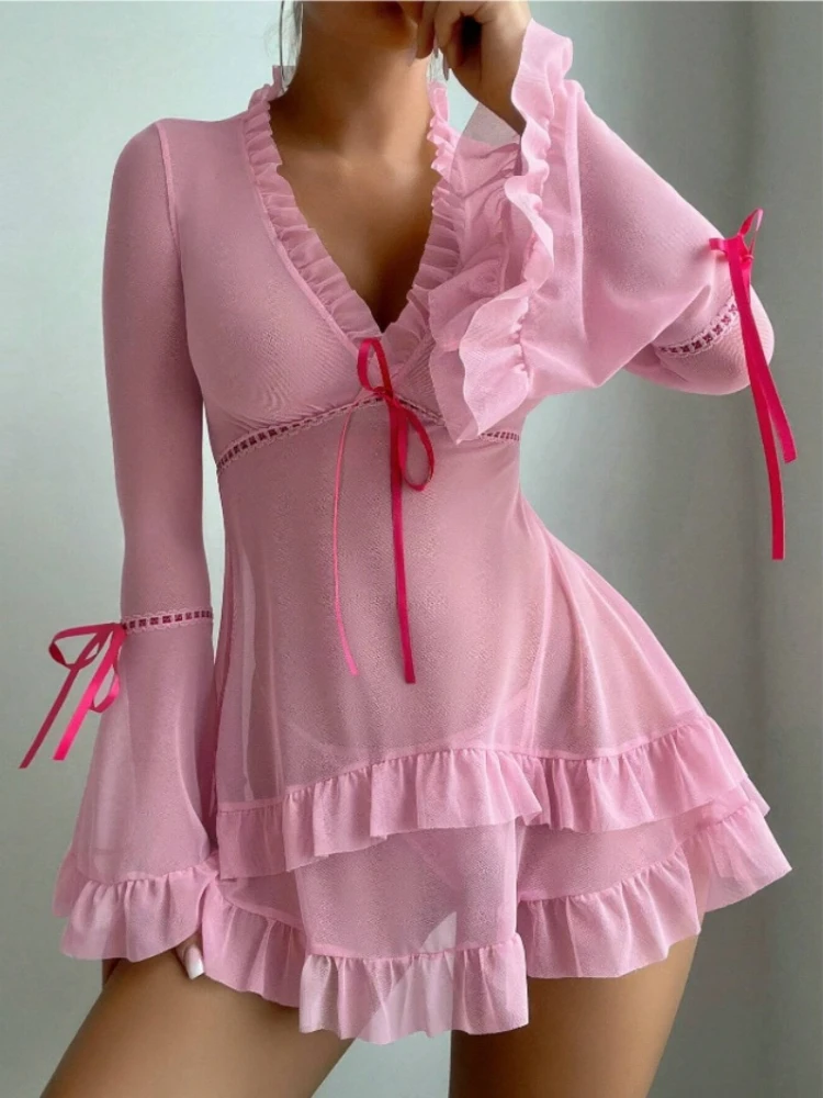 

Binding Bow Halter Short Dress Trumpet Sleeve Puffy Skirt Sexy Underwear Printed Gauze See-through Long Sleeve Sexy Costume