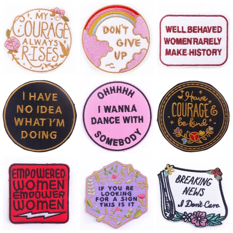 50pcs/Lot Luxury Embroidery Patch Pink Courage Woman Right Motto Letter Shirt Bag Clothing Decoration Accessory Craft Applique