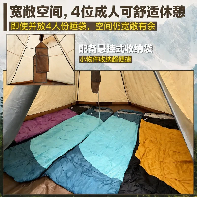 Outdoor Camping Tent for 3-4 People Indian Pyramid Style Four Seasons Rainproof Mosquito Proof Double Layer Large Family Tent