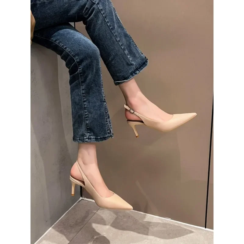 New Shallow Mouth Back High Heeled Shoes  Hollow Toe Sandals with A Single Line Hollow Out Sexy Versatile Pointed Single Shoe