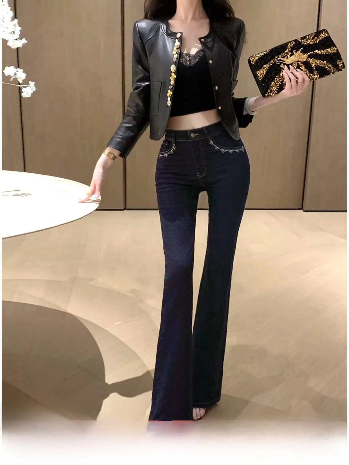 Syqiao Elegant Style Bell Bottom Jeans Women's Slim Fit Denim Fashionable Diamond Studded Natural Waist Zipper Closure Deep C...