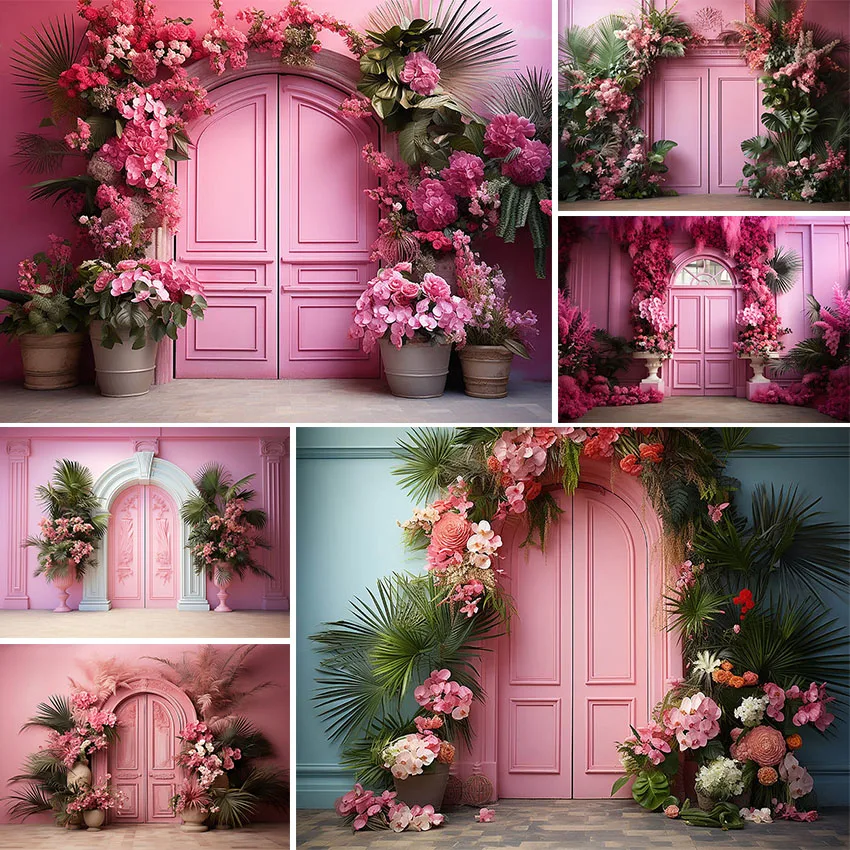 

Avezano Photography Background Pink Door Flowers European Style Wall Woman Pregnancy Photo Portrait Backdrop Photobooth Props