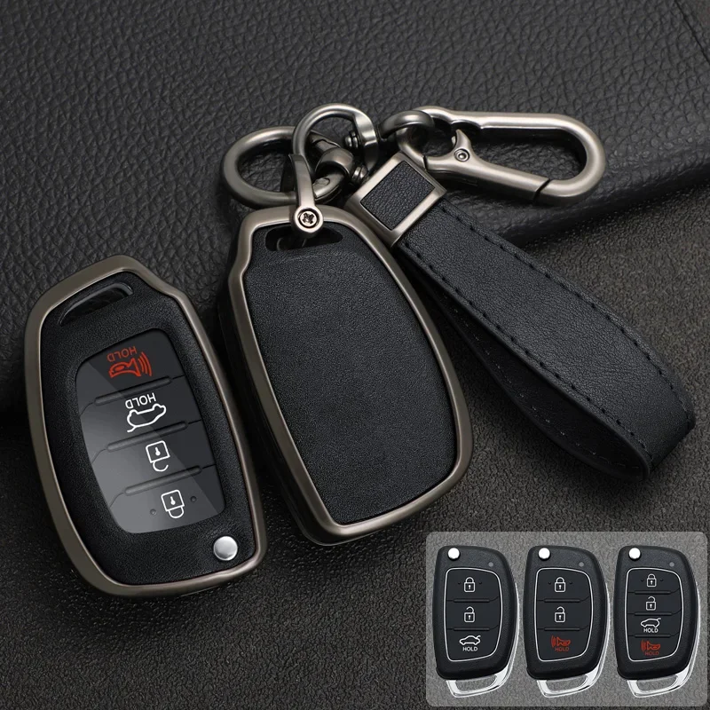 

Zinc Alloy+PU Leather Car Key Case For Hyundai Sonata Santa Fe Tucson Elantra Ix35 Ix45 Flip Remote Key Full Cover Holder Shell