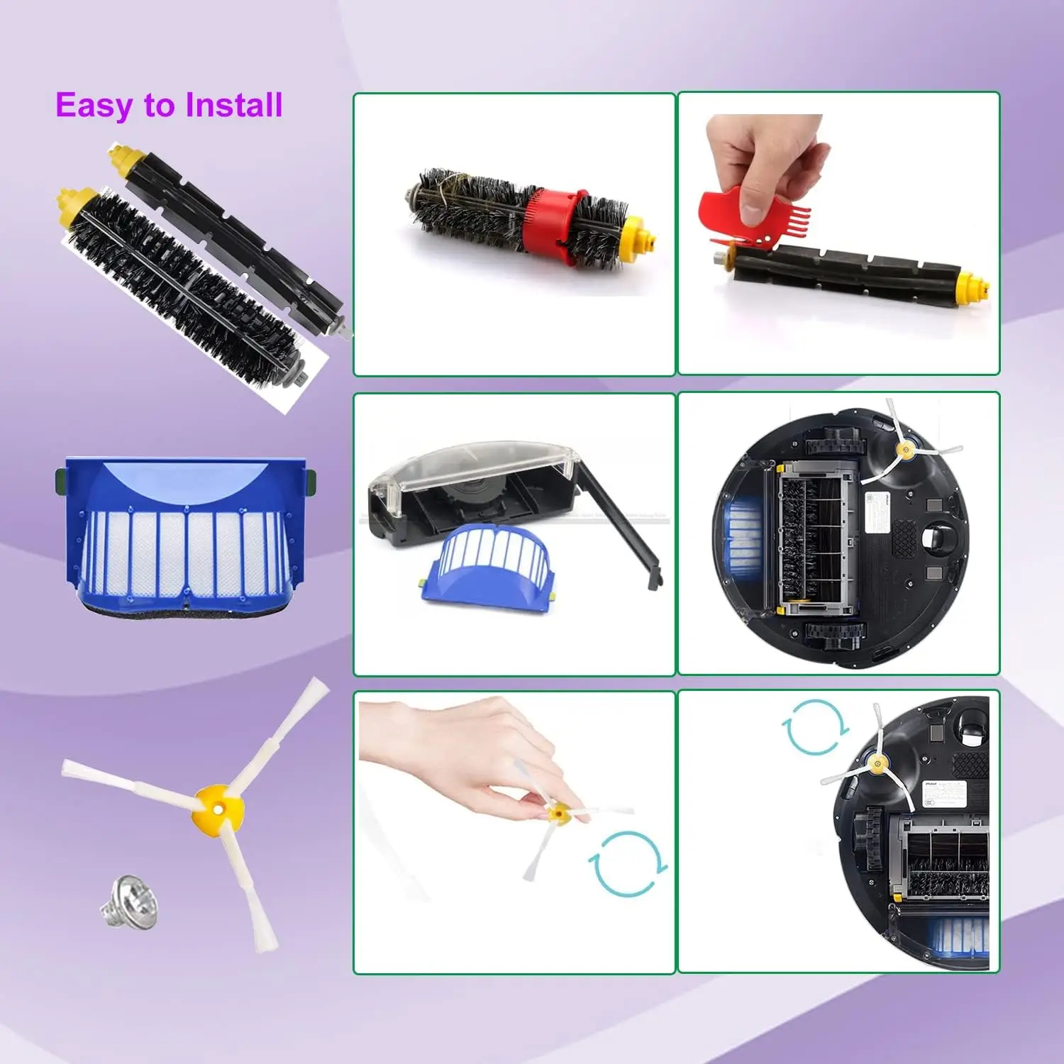 Cepillo de cerdas y batidor flexible compatible con iRoomba serie 600, accesorios de repuesto para limpieza, kit de filtros Aero Vac, 3 brazos