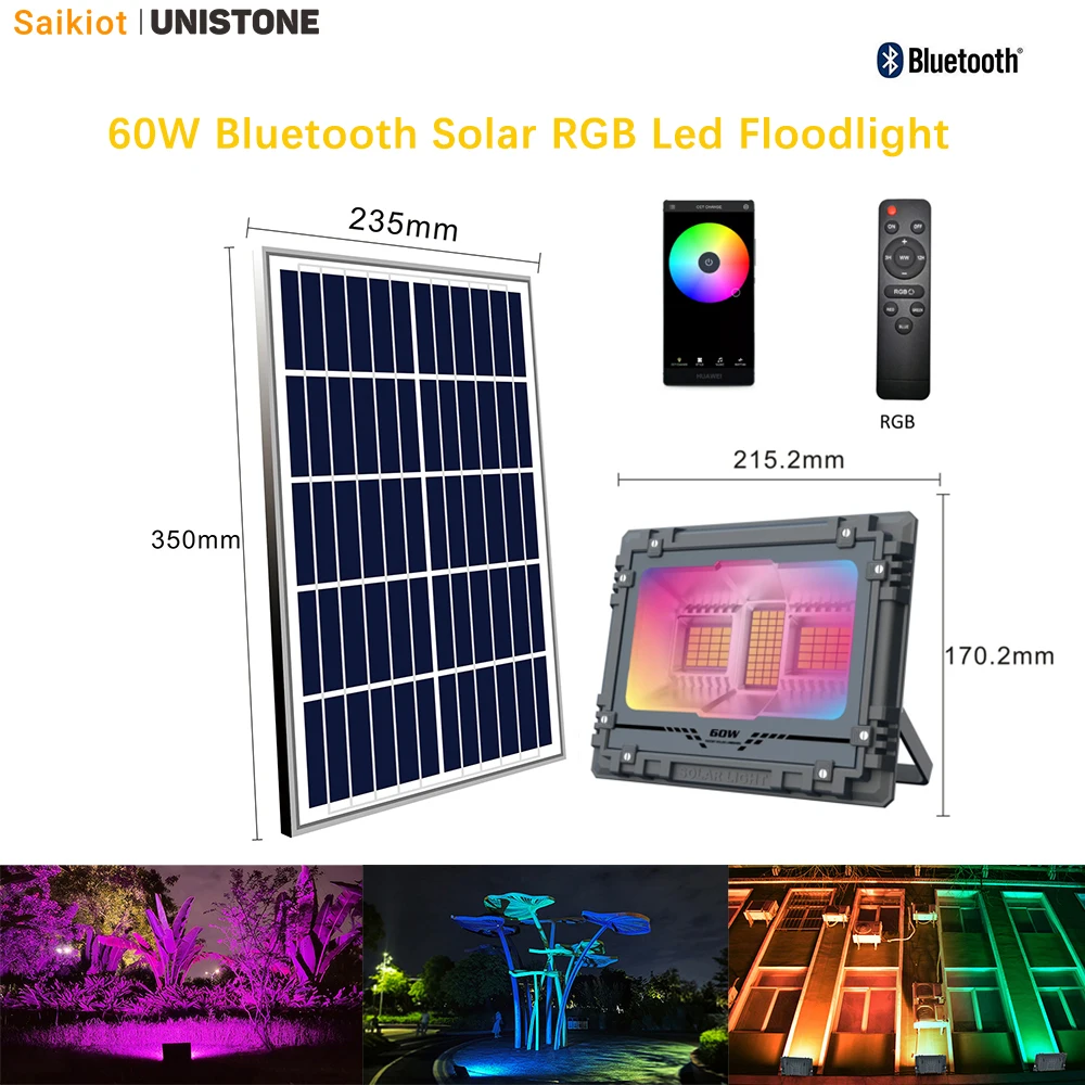 Saikiot 60W 100W Solar Rgb Led Schijnwerper Schijnwerper Ip67 Waterdicht Bluetooth Afstandsbediening Solar Rgb Led Lamp Licht