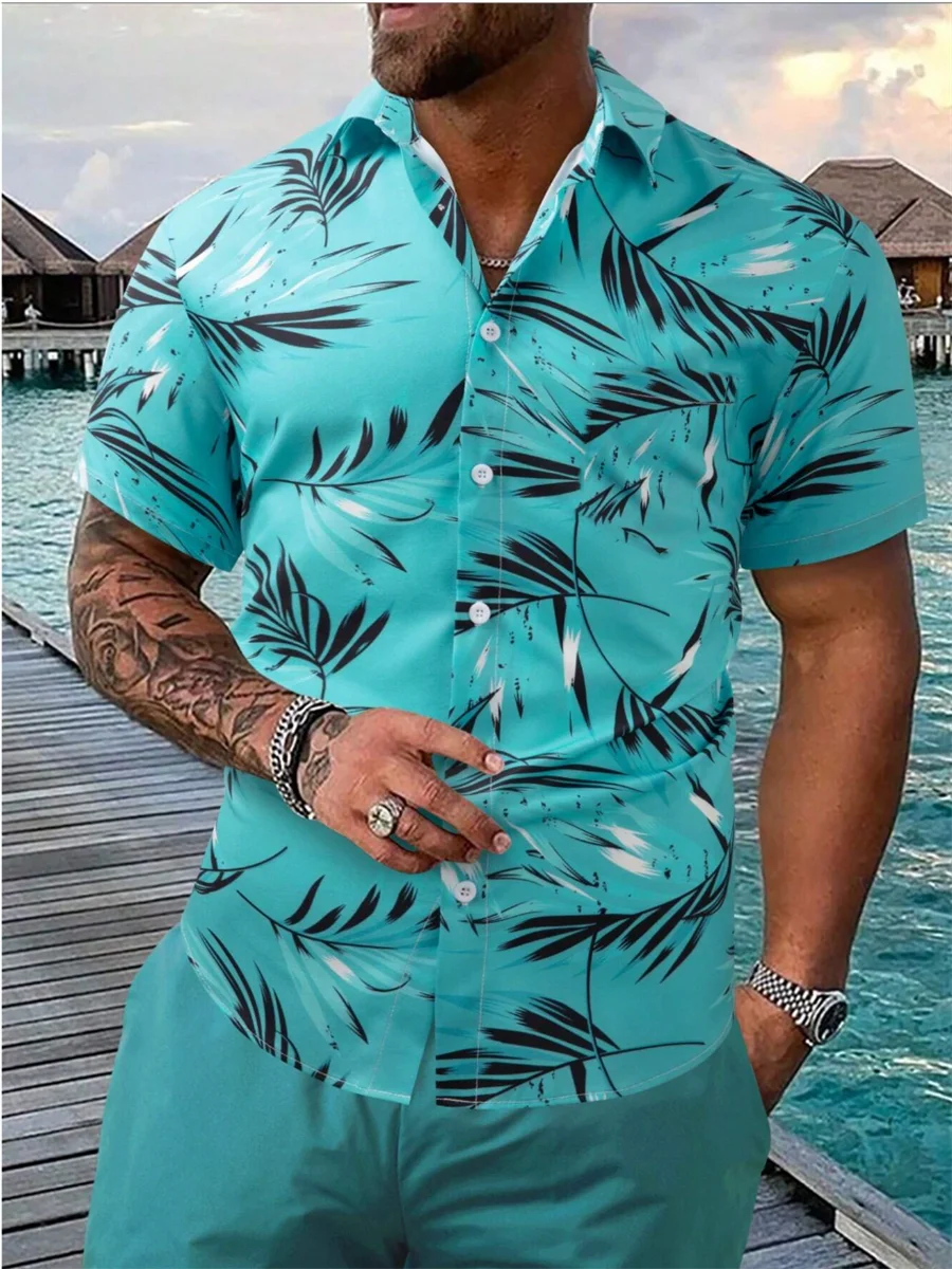 

2024 New Fashion Men's Leaf Print Short Sleeve Shirt Summer Beach Resort Style 100% Polyester Tropical Hawaiian Shirt Men's 5XL