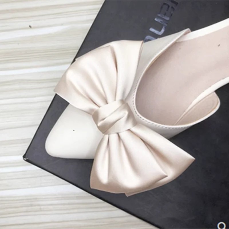 Cinderella Bow-Knot Silk Stain Flat Sandals Cute Small Round Toe Cover Heels Shoes Black Beige Red Narrow Feet Tacons 32-44 27cm